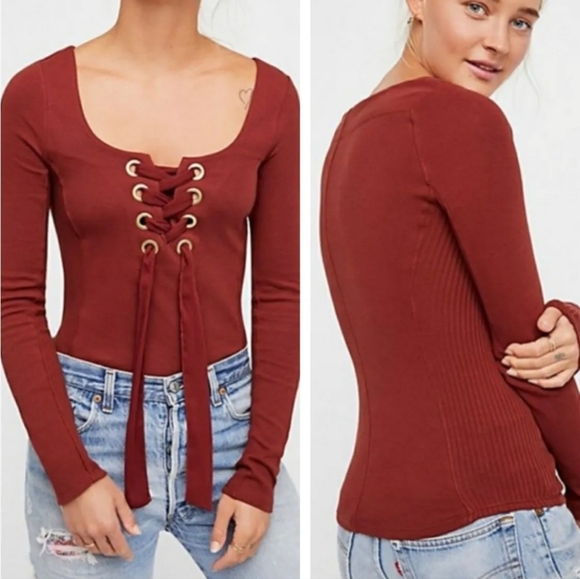 Free People XS Lace up front Longsleve Tee - Picture 1 of 6